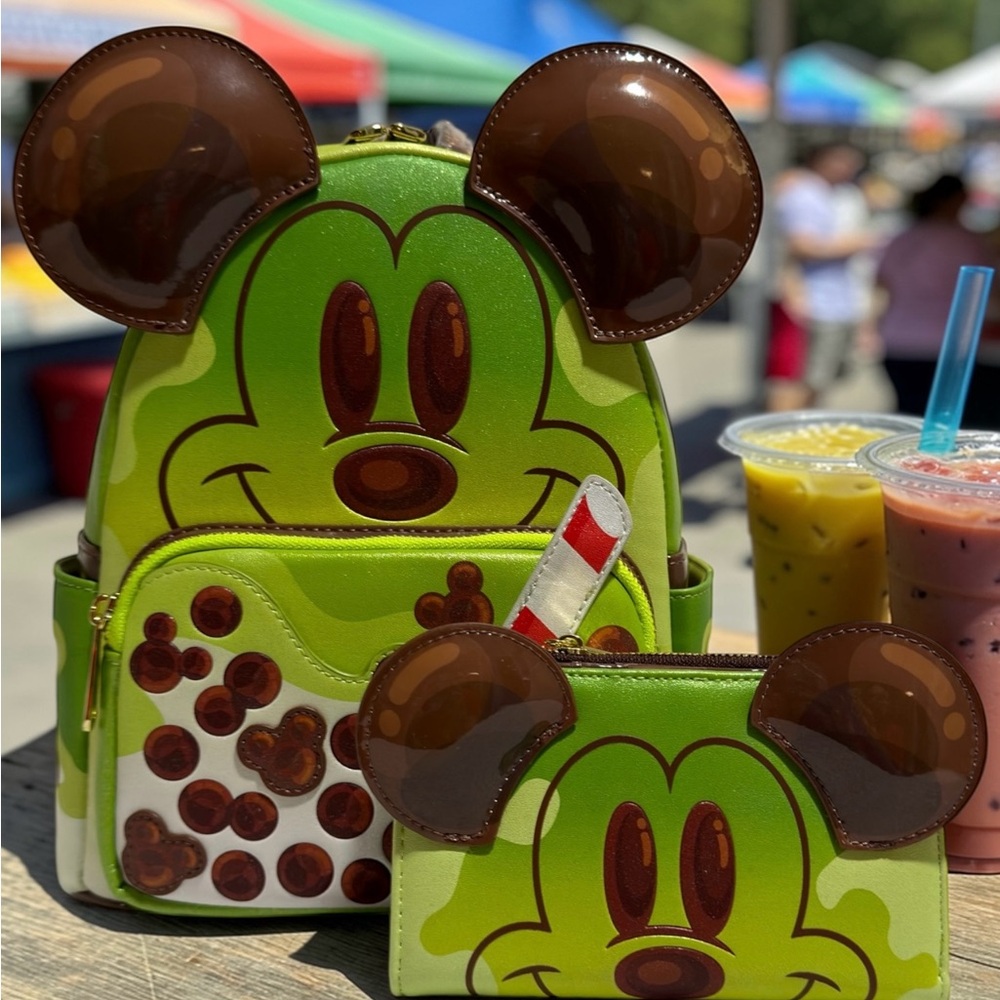 Disney Mickey Mouse Boba Drink Loungefly Backpack Wallet Set NWT